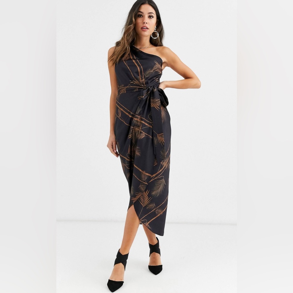 Ted Baker 4 Gabia One Shoulder Midi Dress, Black/Caramel, NWT. (Approx US 10)